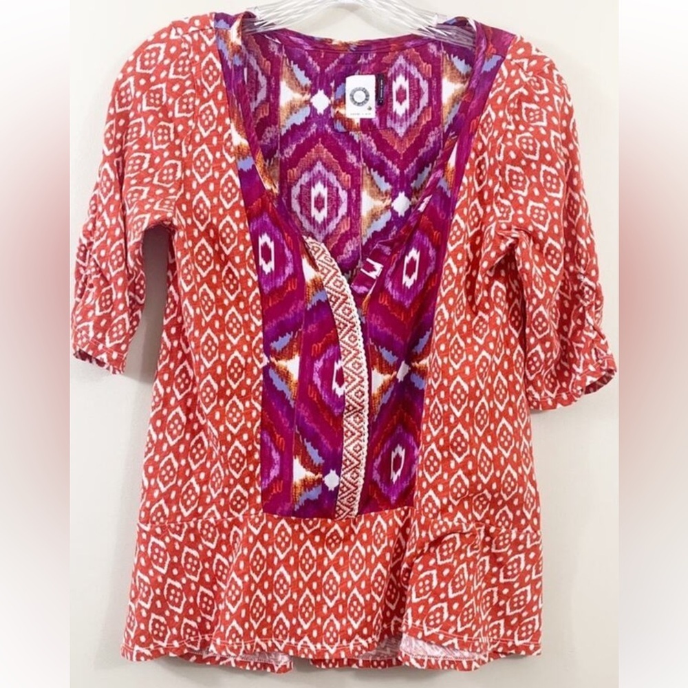 Akemi + Kin Anthropologie Orange Purple Ikat Geometric Split Neck Blouse XS